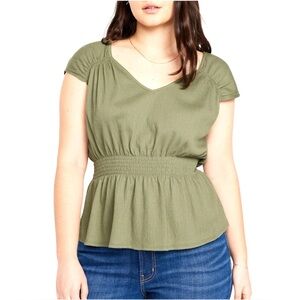 Old Navy Olive Green Smocked Waist Textured V-Neck Cap Sleeve‎ Blouse